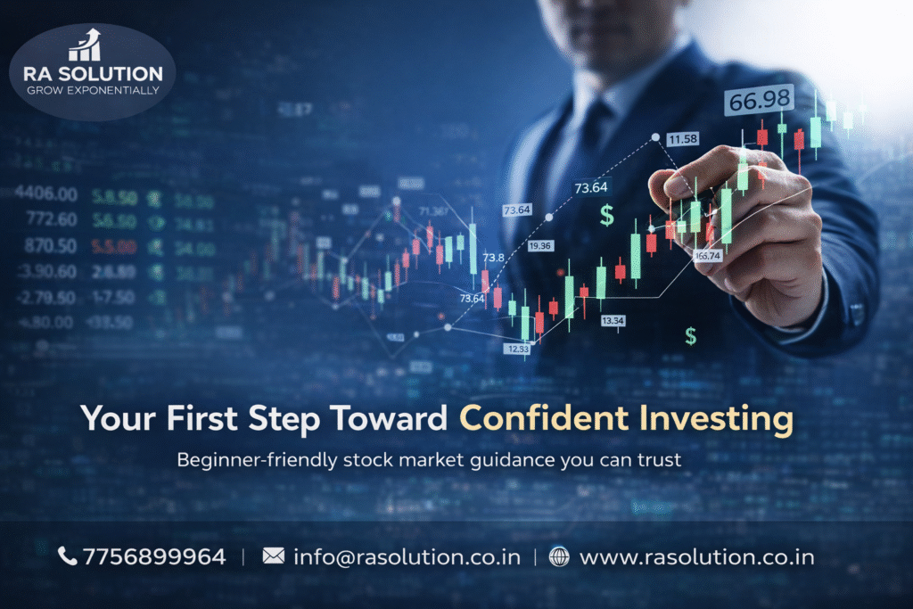 Beginner-friendly stock market advisory concept showing investment growth, guidance, and confident investing for first-time investors in India