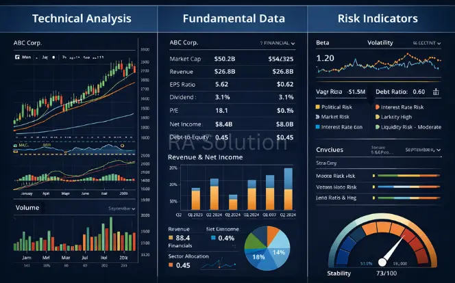 “Financial analytics dashboard displaying technical analysis charts, fundamental company data, and risk indicators, including stock price trends, revenue metrics, volatility, and stability gauges.”