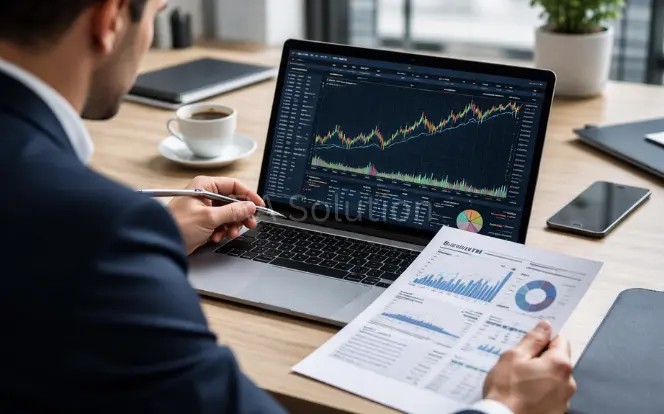 “Financial professional reviewing equity performance charts on a laptop while holding a printed investment report with graphs and data at a modern office desk.”